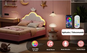 PARC206 - Pat tapitat cu LED, 90 / 140 x 200 cm - patut copii, fetite - Piele ecologica Roz