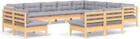vidaXL Set mobilier grădină cu perne, 12 piese, gri, lemn masiv pin