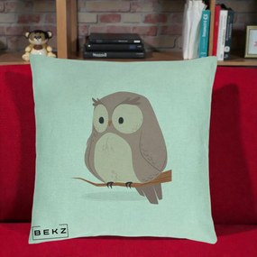 Perna Decorativa Bufnita Kawaii pe Creanga, 40x40 cm, Verde Menta, Husa Detasabila, Perna Inclusa, BEKZ®