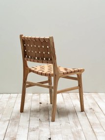 Scaun dining împletit din piele naturală și lemn de mango, maro, cu curele țesute pe șezut și spătar, 85 x 51 x 50 cm, „Itura”