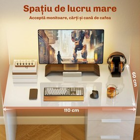 HOMCOM Birou Compact, 110x61.5x75 cm Birou Modern cu 4 Sertare, Masă pentru Computer, Cameră și Birou, Alb Lucios | Aosom Romania