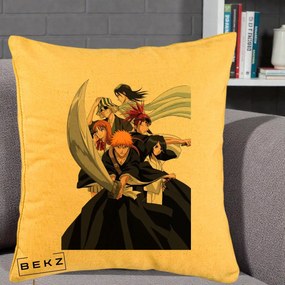 Perna Personalizata Bleach Grup Complet Ichigo si Prietenii, 40x40 cm, Galben, Husa Detasabila, Perna Inclusa, BEKZ®