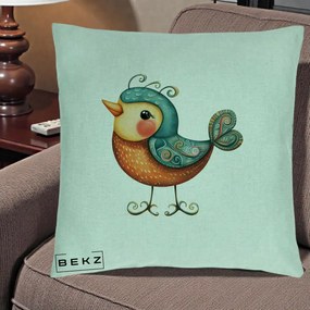 Perna Decorativa Pasare Ornamentala Folk Art, 40x40 cm, Verde Menta, Husa Detasabila, Perna Inclusa, BEKZ®