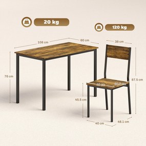 HOMCOM Set masă sufragerie cu 4 scaune, masă de bucătărie pentru 4 persoane, picioare din metal, maro rustic | Aosom Romania