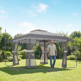 Outsunny Pavilion 4x4m Impermeabil Reglabil pe înălțime Pop-up Pavilion pliant cu dublu acoperiș 4 laterale din plasă, UV 30+Gri deschis | Aosom Romania