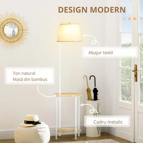 Homcom Lampă de Podea cu Rafturi și Măsuță Dublă din Bambus, Abajur Textil, Design Natural, Living sau Dormitor | Aosom Romania