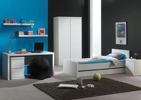 Set Mobilier Cameră Lara pentru Copii/Tineri, Pat 90x200 cm, Sertar Pat, Noptieră, Dulap 2 Uși, Birou, Trolley Birou și Polițe Perete, Alb – Vipack
