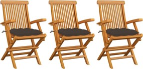 vidaXL Scaune grădină cu perne gri taupe, 3 buc., lemn masiv de tec