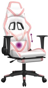 Scaun gaming de masaj suport picioare, alb roz, piele ecologica 1, Alb si roz, Cu suport de picioare