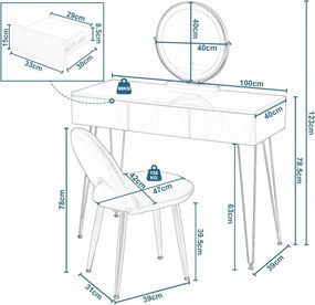 SEA435 - Set Masa toaleta, 100 cm, cosmetica machiaj, oglinda cu LED, masuta vanity, scaun tapitat - Alb lucios