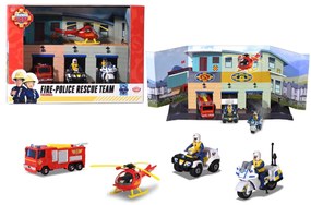 Pista de masini Dickie Toys Fireman Sam, Sam Fire Rescue Team cu 3 masinute, 1 elicopter si 2 figurine