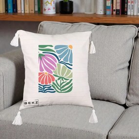 Perna Decorativa Flori Grafice Multicolore Modern, 40x40 cm, Bej cu Franjuri, Husa Detasabila, Perna Inclusa, BEKZ®