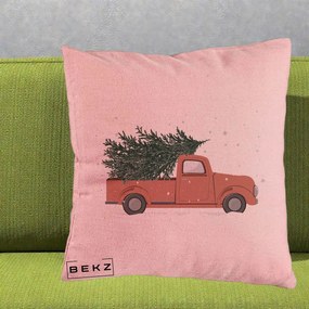 Perna Decorativa Camioneta Terracotta Brad de Craciun, 40x40 cm, Roz, Husa Detasabila, Perna Inclusa, BEKZ®