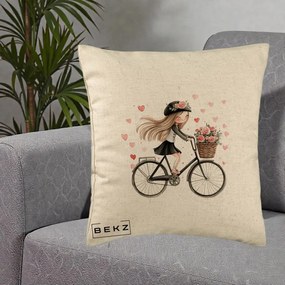 Perna Decorativa Fetita Kawaii pe Bicicleta cu Trandafiri si Inimioare, 40x40 cm, Bej, Husa Detasabila, Perna Inclusa, BEKZ®