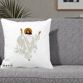 Perna Decorativa Iisus Hristos Invierea Silueta Minimalista, 40x40 cm, Alba Mata, Husa Detasabila, Perna Inclusa, BEKZ®