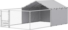PawHut Țarc pentru Câini de Exterior cu Acoperiș Anti-UV Impermeabil și Boluri Rotative, 400x230x150 cm, Argintiu | Aosom Romania
