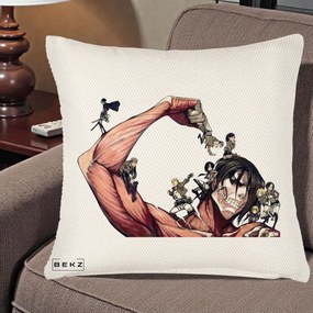 Perna Personalizata Attack on Titan Eren Titan Grup, 40x40 cm, Crem Reliefat, Husa Detasabila, Perna Inclusa, BEKZ®