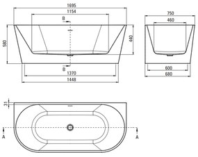 Cada baie freestanding Deante Silia, 170 x 75 cm, lipita de perete, alb lucios 1700x750 mm