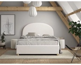 Set MOON: pat tapițat pentru copii 90 x 200 cm, alb, cu țesătură bouclé și spațiu de depozitare + taburet alb multifuncțional – Vipack