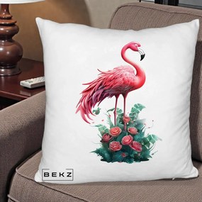 Perna Decorativa Flamingo cu Trandafiri Tropicali, 40x40 cm, Alb Pufos, Husa Detasabila, Perna Inclusa, BEKZ®