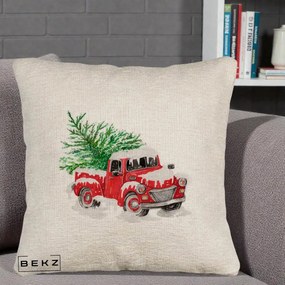 Perna Decorativa Camioneta Rosie Brad de Craciun, 40x40 cm, Bej Canapea, Husa Detasabila, Perna Inclusa, BEKZ®