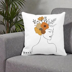 Perna Decorativa Portret Feminin Flori Galbene-Portocalii, 40x40 cm, Alba Mata, Husa Detasabila, Perna Inclusa, BEKZ®