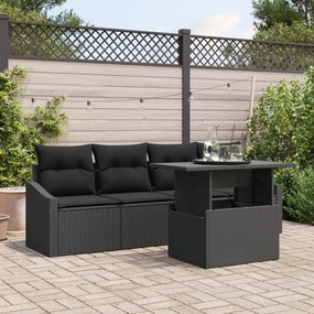 vidaXL Set de canapea de grădină, 5 piese cu perne, negru, din rattan
