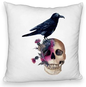 Perna Decorativa Fluffy cu motiv Craniu si Cioara de Halloween, 40x40 cm, Alba, Husa Detasabila, Burduf