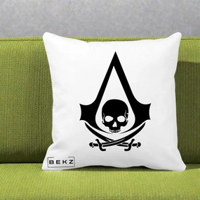 Perna Personalizata Assassin's Creed Black Flag Skull, 40x40 cm, Alba Mata, Husa Detasabila, Perna Inclusa, BEKZ®