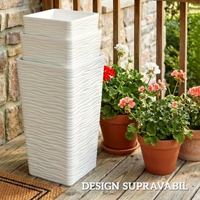 Outsunny Set de 3 Ghivece de Exterior Suprapozabile cu Model Ondulat, Ghivece Pătrate din Plastic pentru Flori cu Orificii de Drenaj, 42/55/65 cm, Alb, Negru, Maro | Aosom Romania
