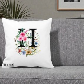 Cadou Personalizat - Perna Personalizata Monogram Litera H cu Flori Acuarela, 40x40 cm, Alba Mata, Husa Detasabila, Perna Inclusa, BEKZ®