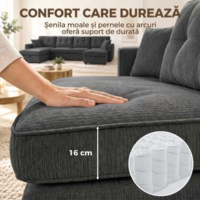 HOMCOM Canapea extensibilă mare în U, cu 2 șezlonguri, depozitare și 2 perne, chenille, gri închis | Aosom Romania