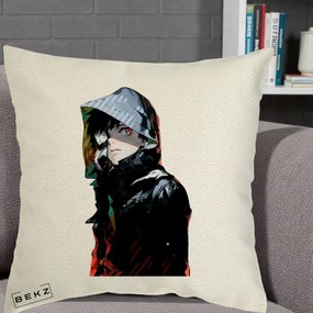 Perna Personalizata Tokyo Ghoul Ken Kaneki cu Masca si Gluga, 40x40 cm, Ecru, Husa Detasabila, Perna Inclusa, BEKZ®