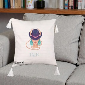 Perna Personalizata Zodie Taur, 40x40 cm, Bej cu Franjuri, Husa Detasabila, Perna Inclusa, BEKZ®