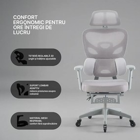Scaun ergonomic, Suport Lombar 3 Zone Dinamice, Spătar ajustabil pe inaltime, cotiere 3D, tetiera 3D, suport pentru picioare, umeras, pivotant, Mesh, Gri