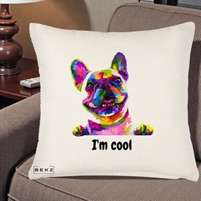Perna Personalizata Bulldog Francez I'm Cool, 40x40 cm, Crem Reliefat, Husa Detasabila, Perna Inclusa, BEKZ®