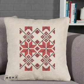 Perna Personalizata Motiv Traditional Cusatura Rosu-Negru, 40x40 cm, Bej Canapea, Husa Detasabila, Perna Inclusa, BEKZ®