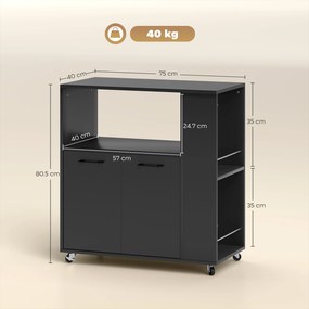 HOMCOM Cărucior de Bucătărie din Lemn cu Blat Deschis, Dulap și Raft Lateral, 75x40x80.5 cm, Negru | Aosom Romania