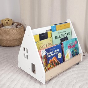 Bibliotecă Montessori cu roți, în formă de căsuță BOOKY turquoise