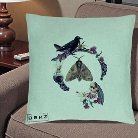 Perna Decorativa Gothic Wreath Corb Moliu Craniu, 40x40 cm, Verde Menta, Husa Detasabila, Perna Inclusa, BEKZ®