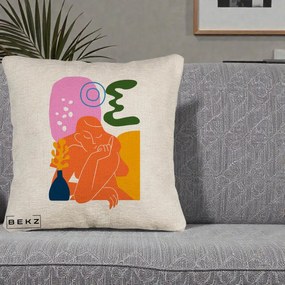 Perna Decorativa Femeie Meditand Abstract, 40x40 cm, Bej Canapea, Husa Detasabila, Perna Inclusa, BEKZ®