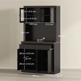HOMCOM Dulap Înalt de Bucătărie cu 4 Dulapuri și 2 Sertare din Lemn și Sticlă Negru | Aosom Romania