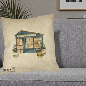 Perna Decorativa Casa de Iarna Watercolor, 40x40 cm, Crem, Husa Detasabila, Perna Inclusa, BEKZ®