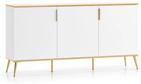 Comoda cu 3 usi moderna lux ,pal alb alpin  auriu , picioare si manere auriu, 170 cm x 88 x 40 cm, spatioasa , pentru living, dormitor , spatiu