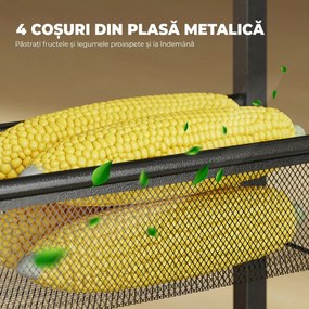HOMCOM Cărucior de bucătărie cu 4 roți, cărucior de depozitare cu roți, blat cu aspect de lemn, structură metalică, 47x13x96,5 cm, negru | Aosom Romania