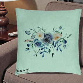 Perna Decorativa Buchet Flori Albastre Acuarela, 40x40 cm, Verde Menta, Husa Detasabila, Perna Inclusa, BEKZ®