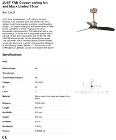 Ventilator de tavan cu telecomanda design modern JUST FAN cupru / negru
