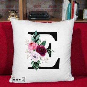 Cadou Personalizat - Perna Personalizata Monograma Florala Litera E, 40x40 cm, Alb Pufos, Husa Detasabila, Perna Inclusa, BEKZ®