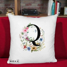 Cadou Personalizat - Perna Personalizata Monogram Litera Q cu Flori Acuarela, 40x40 cm, Alb Pufos, Husa Detasabila, Perna Inclusa, BEKZ®