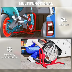 HOMCOM Suport pentru Motocicletă Reglabil pe 3 Nivele, Sistem de Blocare Roți Motocicletă în Metal cu Găuri, 60x55x43 cm, Negru | Aosom Romania